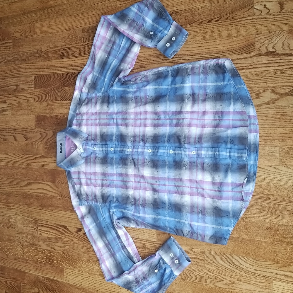 (L) Bugatchi Men's Classic Fit Plaid Dress Shirt 100% Cotton Formal Occasion
